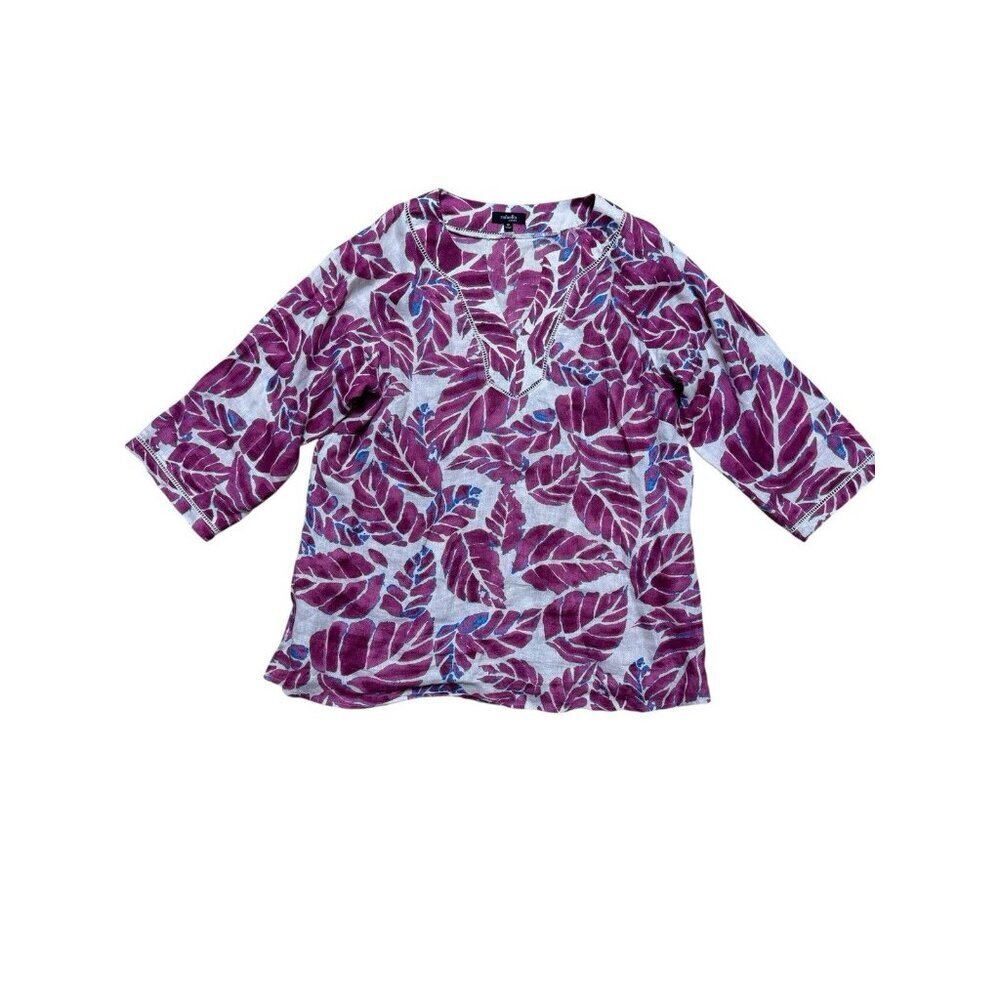 Rafaella 1X 100% Linen Tropical Leaf Tunic Top Pink Blue